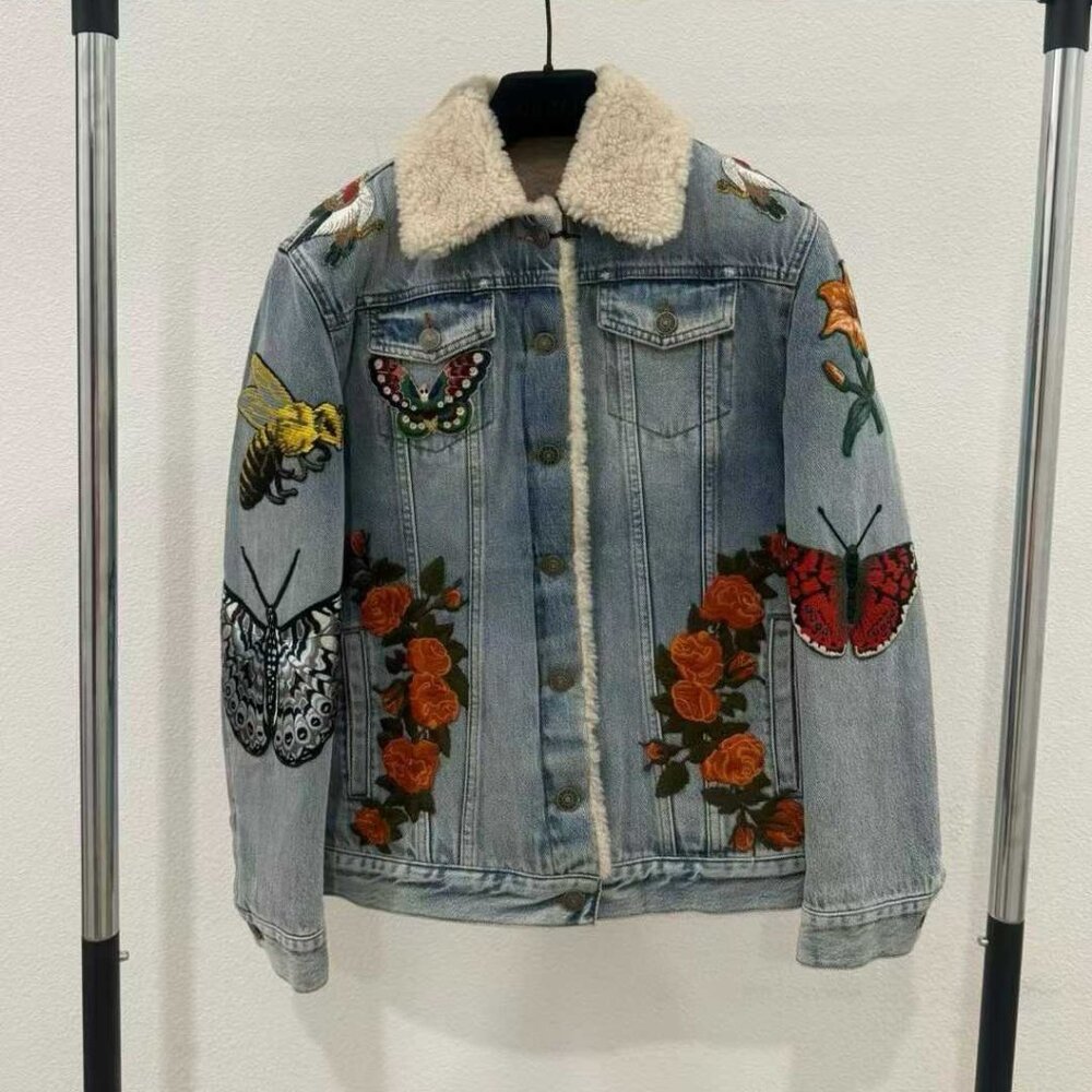 NWT Authentic Gucci Gucci Shearling-Lined Embroidered Denim Jacket